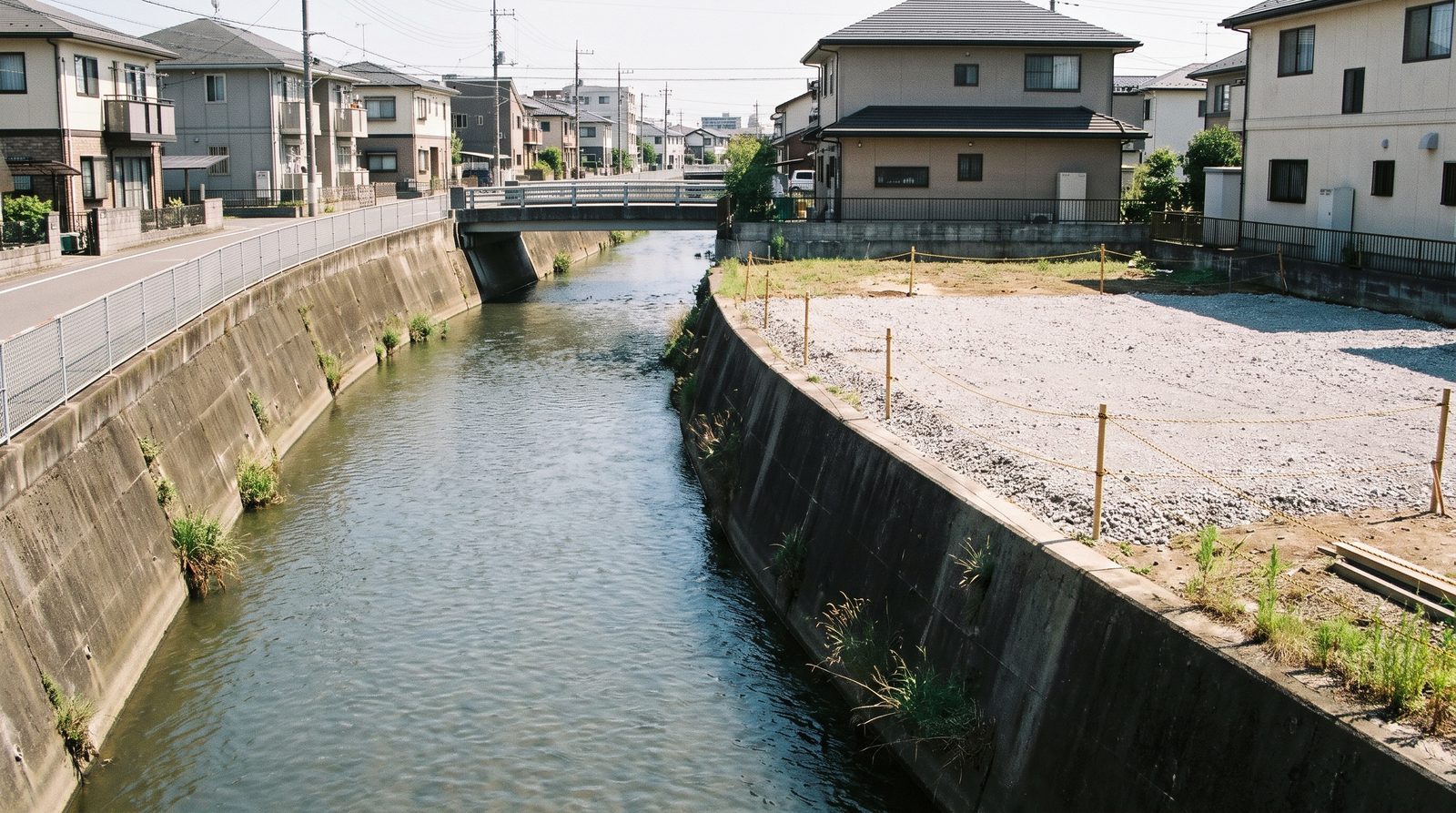 市街地を流れる護岸された河川と、その沿岸で造成中の宅地（イメージ）