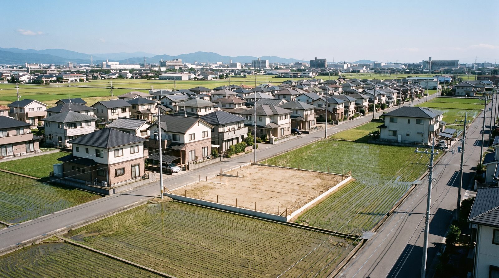 住宅が連たんする調整区域で1区画だけ整地された転用予定の田（イメージ）